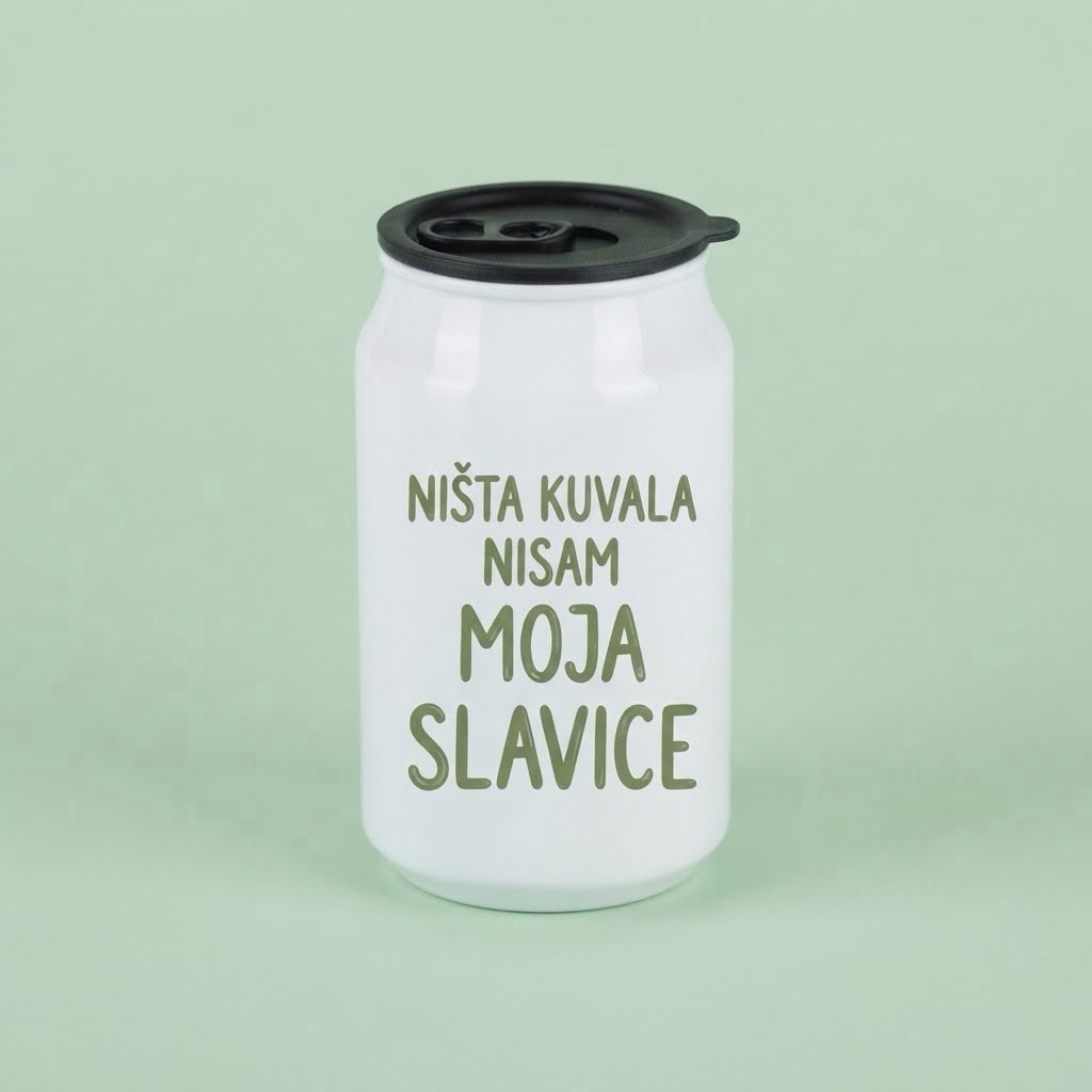 Bela termo limenka sa maslinastim natpisom Ništa kuvala nisam moja Slavice